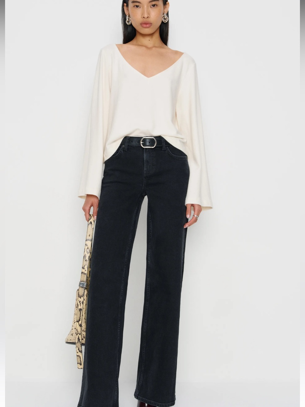 Reformation Greta Super-Stretch Low-Rise Wide Leg Black Jeans